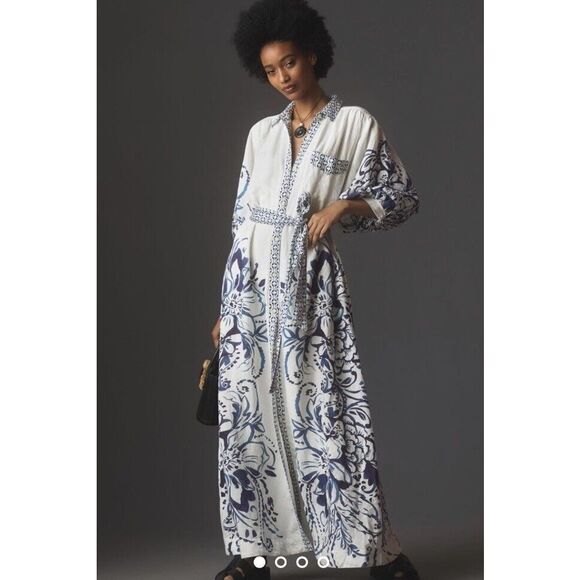 Anthropologie Dresses & Skirts - Anthropologie Maeve Irene Linen Shirt Button Front Belted Maxi Dress Size L B36